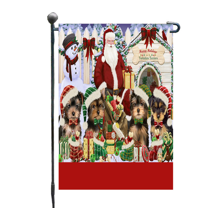 Personalized Happy Holidays Christmas Yorkshire Terrier Dogs House Gathering Custom Garden Flags GFLG-DOTD-A58571