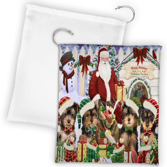 Happy Holidays Christmas Yorkshire Terrier Dogs House Gathering Drawstring Laundry or Gift Bag LGB48097