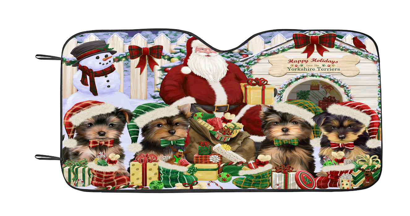 Happy Holidays Christmas Yorkshire Terrier Dogs House Gathering Car Sun Shade