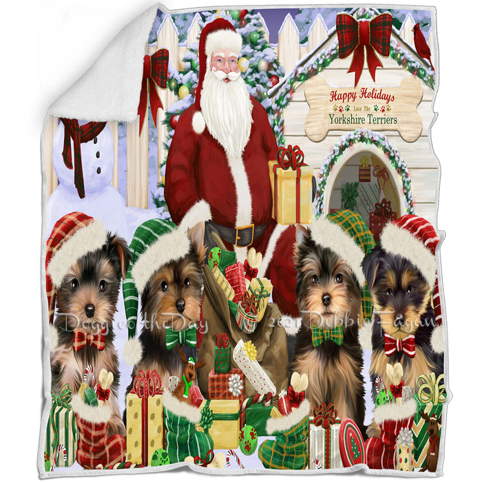 Happy Holidays Christmas Yorkshire Terriers Dog House Gathering Blanket BLNKT80031