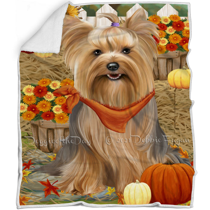 Fall Autumn Greeting Yorkshire Terrier Dog with Pumpkins Blanket BLNKT74136