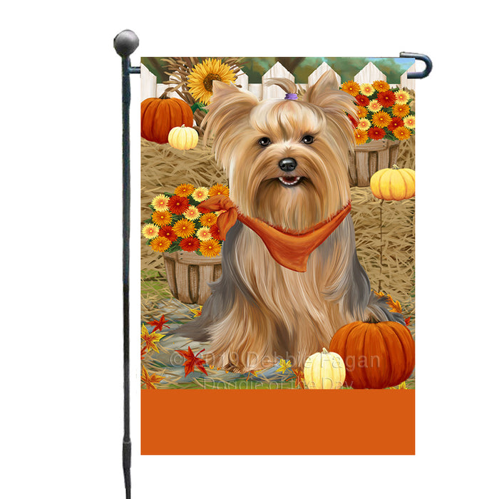 Personalized Fall Autumn Greeting Yorkshire Terrier Dog with Pumpkins Custom Garden Flags GFLG-DOTD-A62113