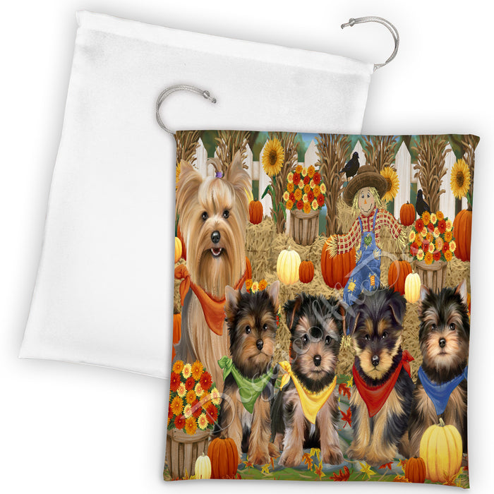 Fall Festive Harvest Time Gathering Yorkshire Terrier Dogs Drawstring Laundry or Gift Bag LGB48455