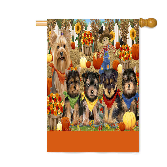 Personalized Fall Festive Gathering Yorkshire Terrier Dogs with Pumpkins Custom House Flag FLG-DOTD-A62170