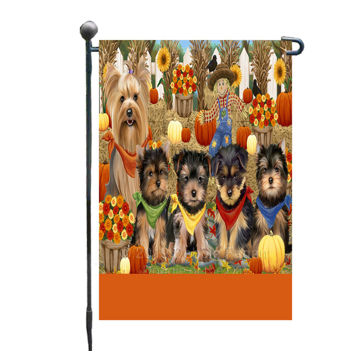 Personalized Fall Festive Gathering Yorkshire Terrier Dogs with Pumpkins Custom Garden Flags GFLG-DOTD-A62114