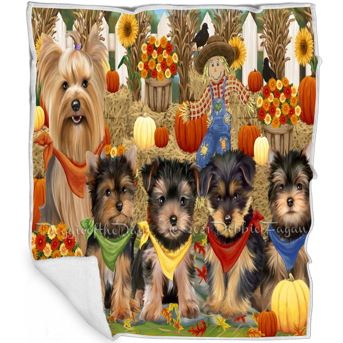 Fall Festive Gathering Yorkshire Terriers Dog with Pumpkins Blanket BLNKT73407