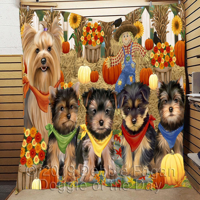 Fall Festive Harvest Time Gathering Yorkshire Terrier Dogs Quilt