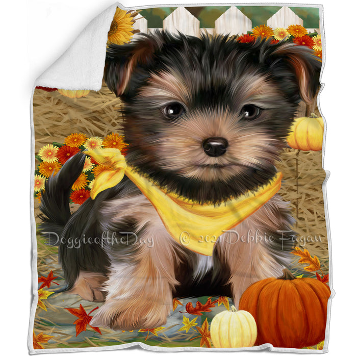 Fall Autumn Greeting Yorkshire Terrier Dog with Pumpkins Blanket BLNKT74145