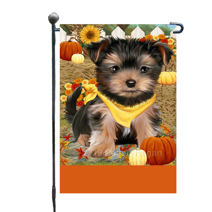 Personalized Fall Autumn Greeting Yorkshire Terrier Dog with Pumpkins Custom Garden Flags GFLG-DOTD-A62115