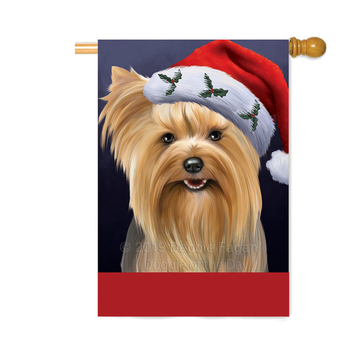 Personalized Christmas Holidays Yorkshire Terrier Dog Wearing Santa Hat Portrait Head Custom House Flag FLG-DOTD-A59927