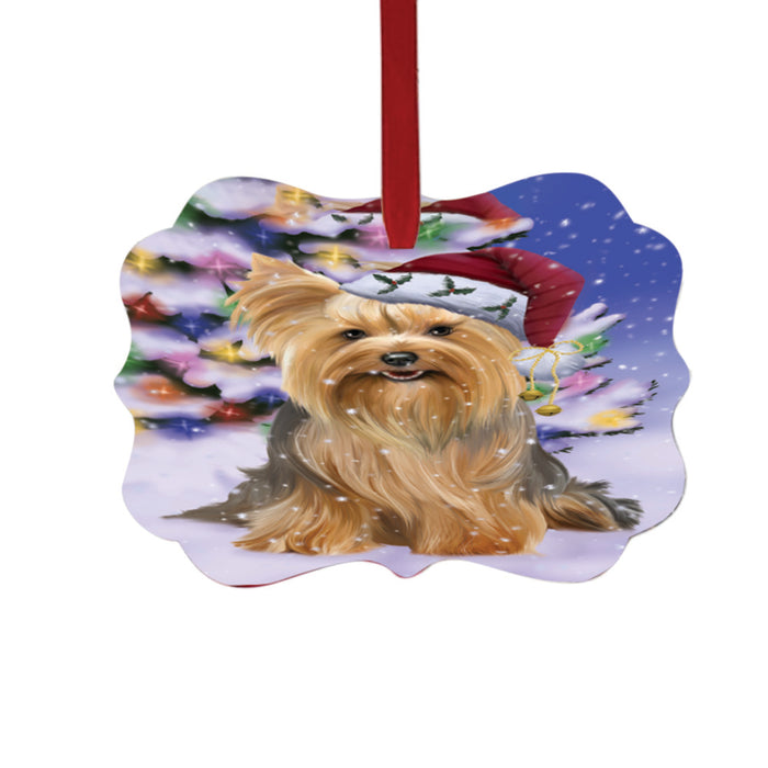 Winterland Wonderland Yorkshire Terrier Dog In Christmas Holiday Scenic Background Double-Sided Photo Benelux Christmas Ornament LOR49669