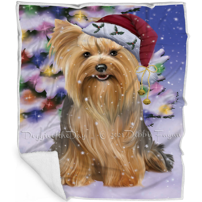 Winterland Wonderland Yorkshire Terriers Dog In Christmas Holiday Scenic Background Blanket