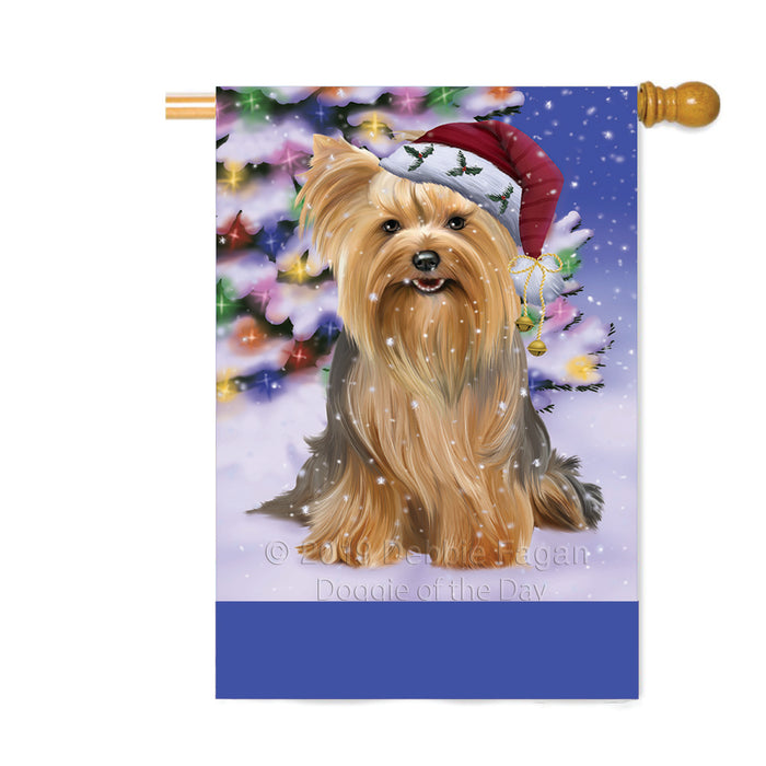 Personalized Winterland Wonderland Yorkshire Terrier Dog In Christmas Holiday Scenic Background Custom House Flag FLG-DOTD-A61505
