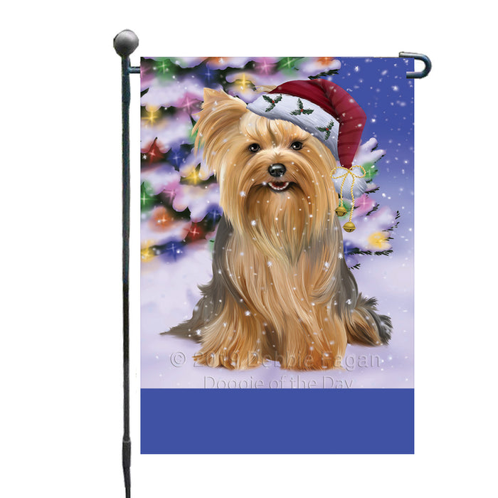 Personalized Winterland Wonderland Yorkshire Terrier Dog In Christmas Holiday Scenic Background Custom Garden Flags GFLG-DOTD-A61449