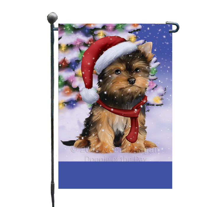 Personalized Winterland Wonderland Yorkshire Terrier Dog In Christmas Holiday Scenic Background Custom Garden Flags GFLG-DOTD-A61450