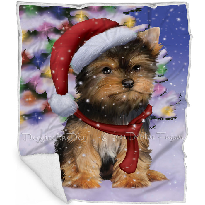 Winterland Wonderland Yorkshire Terriers Puppy Dog In Christmas Holiday Scenic Background Blanket