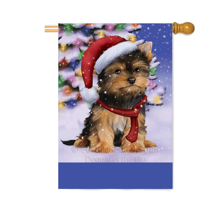 Personalized Winterland Wonderland Yorkshire Terrier Dog In Christmas Holiday Scenic Background Custom House Flag FLG-DOTD-A61506