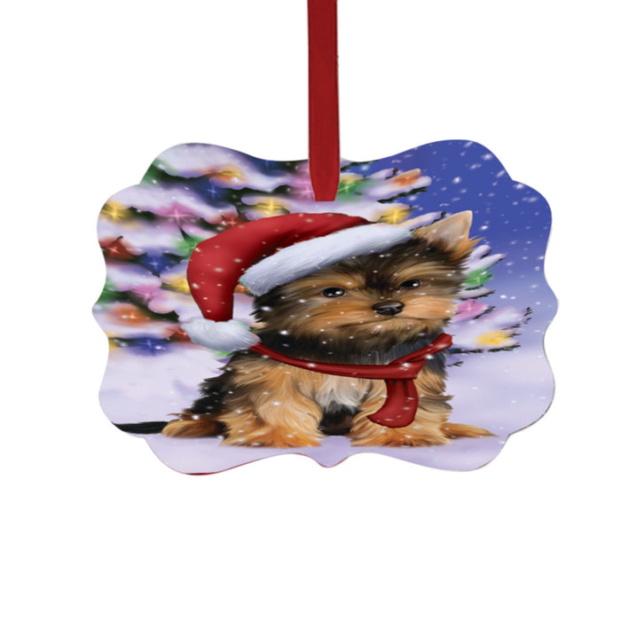 Winterland Wonderland Yorkshire Terrier Dog In Christmas Holiday Scenic Background Double-Sided Photo Benelux Christmas Ornament LOR49670