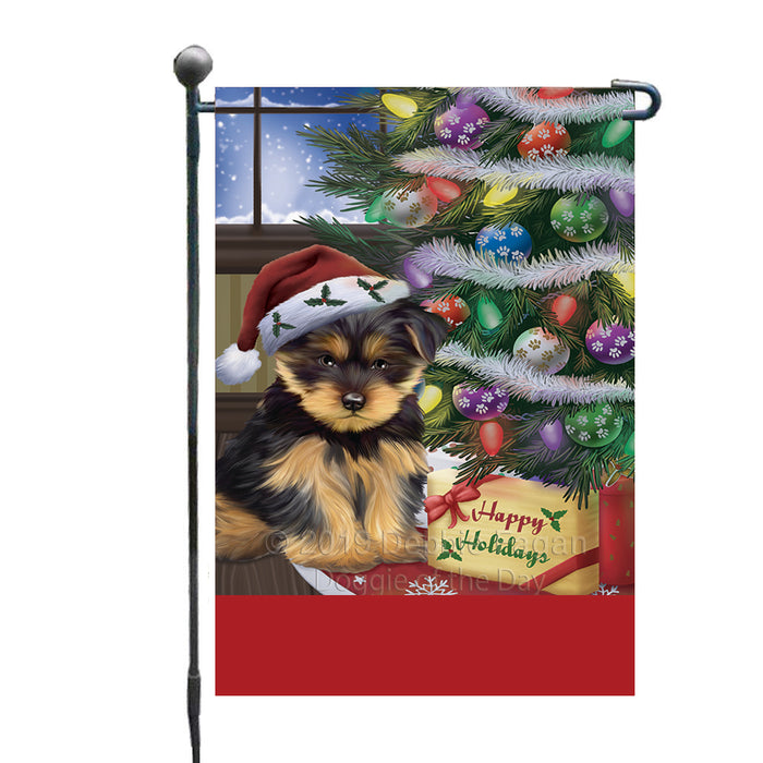 Personalized Christmas Happy Holidays Yorkshire Terrier Dog with Tree and Presents Custom Garden Flags GFLG-DOTD-A58690