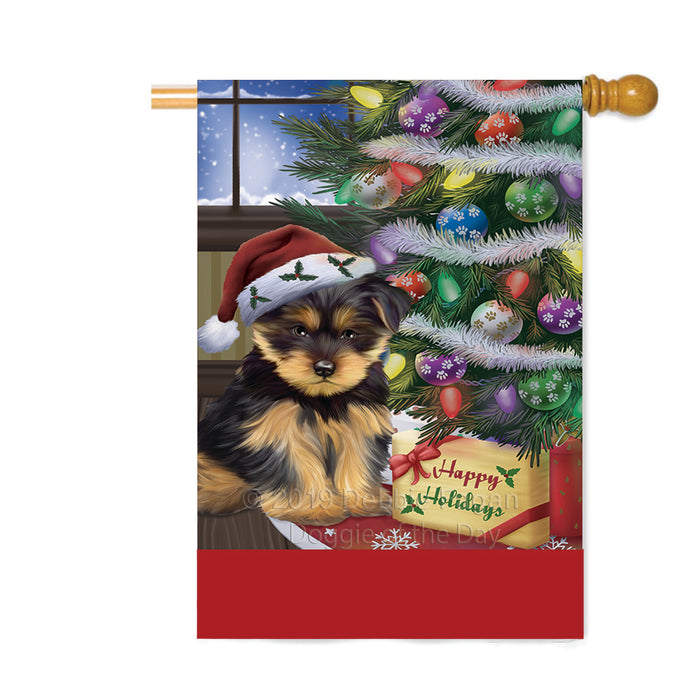 Personalized Christmas Happy Holidays Yorkshire Terrier Dog with Tree and Presents Custom House Flag FLG-DOTD-A58746