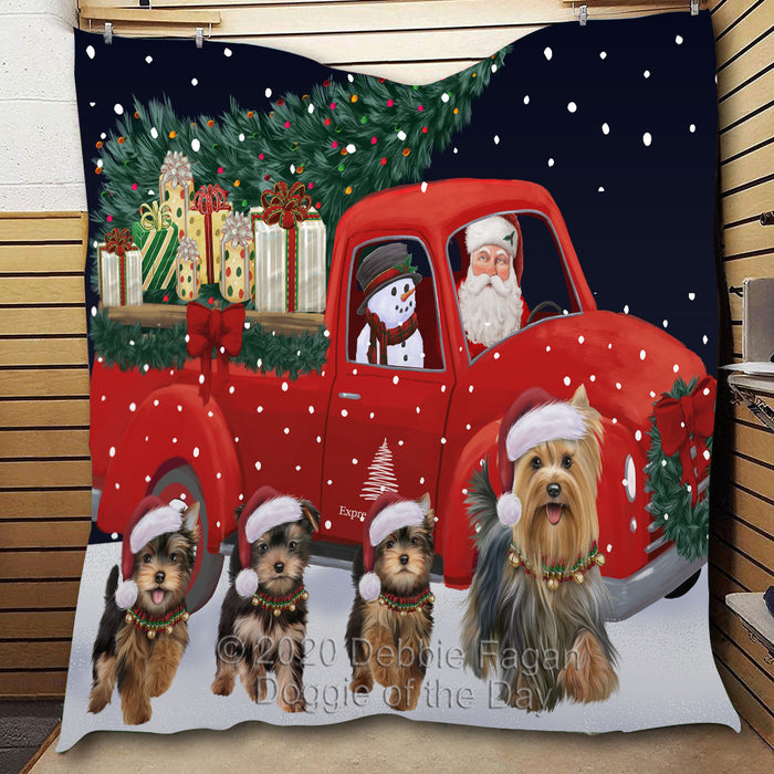 Christmas Express Delivery Red Truck Running Yorkshire Terrier Dogs Lightweight Soft Bedspread Coverlet Bedding Quilt QUILT60111
