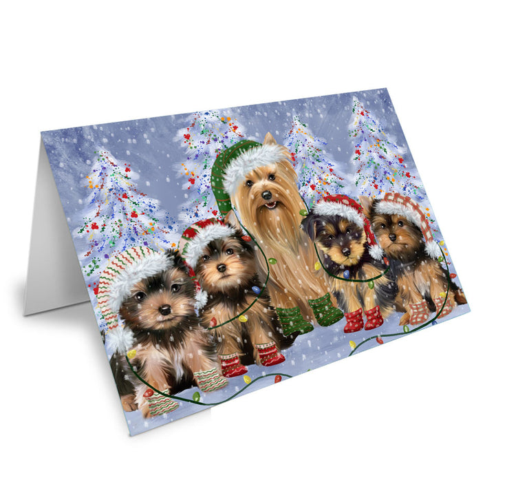 Christmas Lights and Yorkshire Terrier Dogs Handmade Artwork Assorted Pets Greeting Cards and Note Cards with Envelopes for All Occasions and Holiday Seasons
