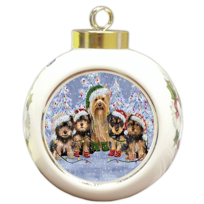 Christmas Lights and Yorkshire Terrier Dogs Round Ball Christmas Ornament Pet Decorative Hanging Ornaments for Christmas X-mas Tree Decorations - 3" Round Ceramic Ornament