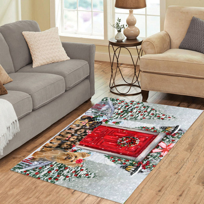 Christmas Holiday Welcome Yorkshire Terrier Dogs Area Rug - Ultra Soft Cute Pet Printed Unique Style Floor Living Room Carpet Decorative Rug for Indoor Gift for Pet Lovers