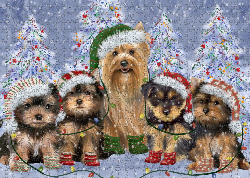 Christmas Lights and Yorkshire Terrier Dogs Portrait Jigsaw Puzzle for Adults Animal Interlocking Puzzle Game Unique Gift for Dog Lover's with Metal Tin Box