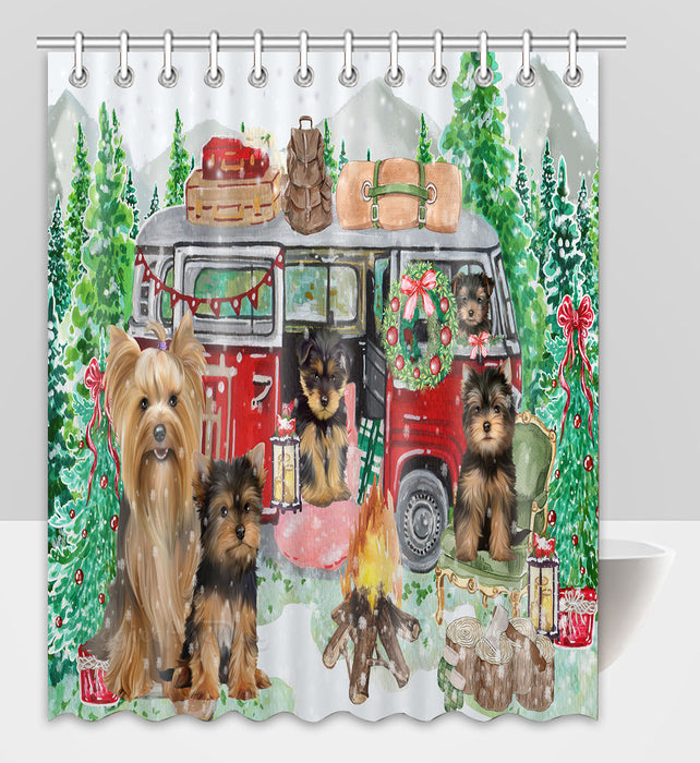 Christmas Time Camping with Yorkshire Terrier Dogs Shower Curtain Pet Painting Bathtub Curtain Waterproof Polyester One-Side Printing Decor Bath Tub Curtain for Bathroom with Hooks