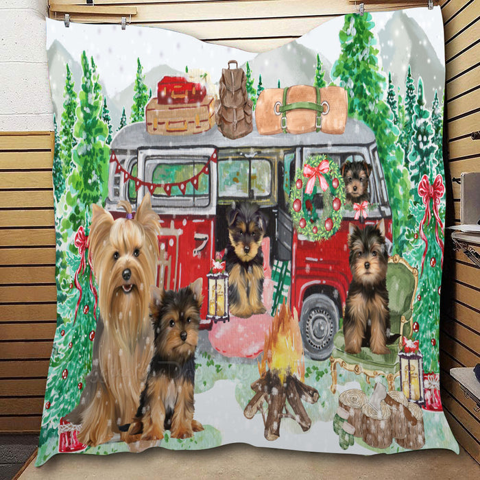 Christmas Time Camping with Yorkshire Terrier Dogs  Quilt Bed Coverlet Bedspread - Pets Comforter Unique One-side Animal Printing - Soft Lightweight Durable Washable Polyester Quilt