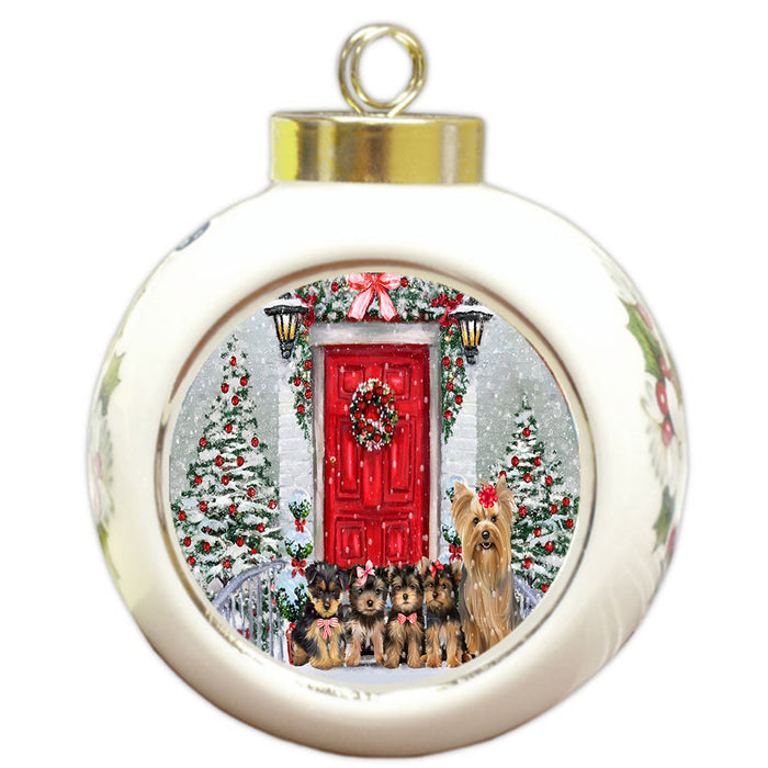 Christmas Holiday Welcome Yorkshire Terrier Dogs Round Ball Christmas Ornament Pet Decorative Hanging Ornaments for Christmas X-mas Tree Decorations - 3" Round Ceramic Ornament