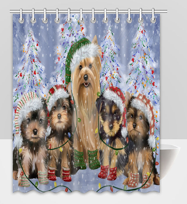 Christmas Lights and Yorkshire Terrier Dogs Shower Curtain Pet Painting Bathtub Curtain Waterproof Polyester One-Side Printing Decor Bath Tub Curtain for Bathroom with Hooks
