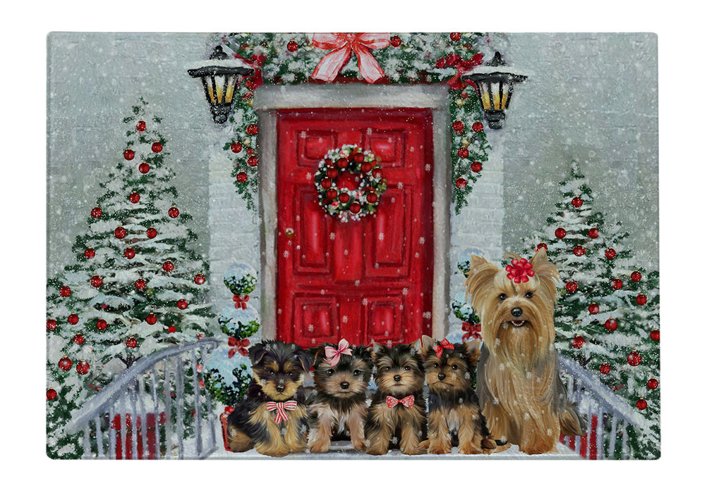 Christmas Holiday Welcome Yorkshire Terrier Dogs Cutting Board - For Kitchen - Scratch & Stain Resistant - Designed To Stay In Place - Easy To Clean By Hand - Perfect for Chopping Meats, Vegetables