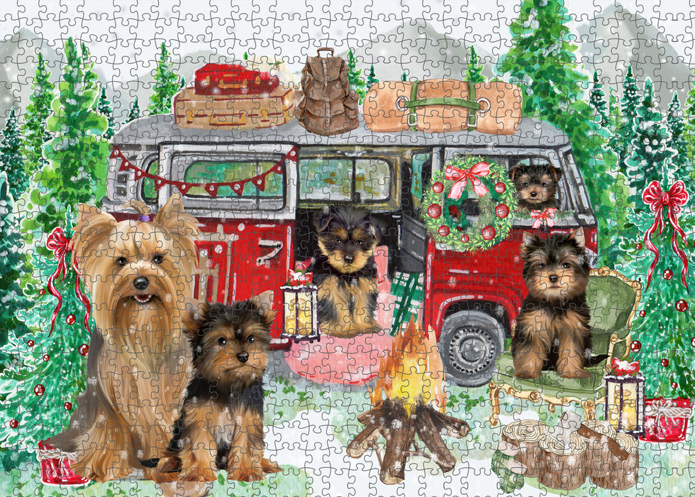 Christmas Time Camping with Yorkshire Terrier Dogs Portrait Jigsaw Puzzle for Adults Animal Interlocking Puzzle Game Unique Gift for Dog Lover's with Metal Tin Box