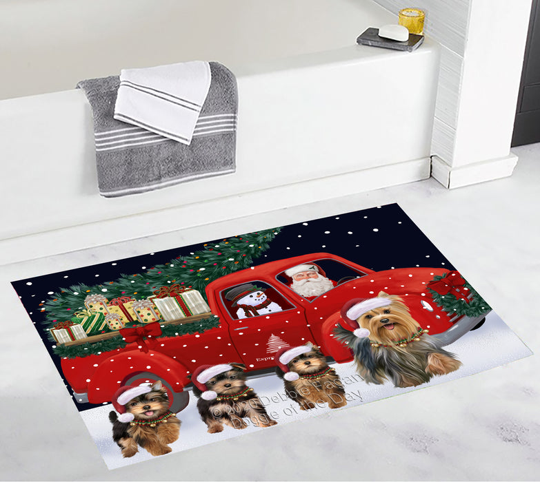Christmas Express Delivery Red Truck Running Yorkshire Terrier Dogs Bath Mat BRUG53626