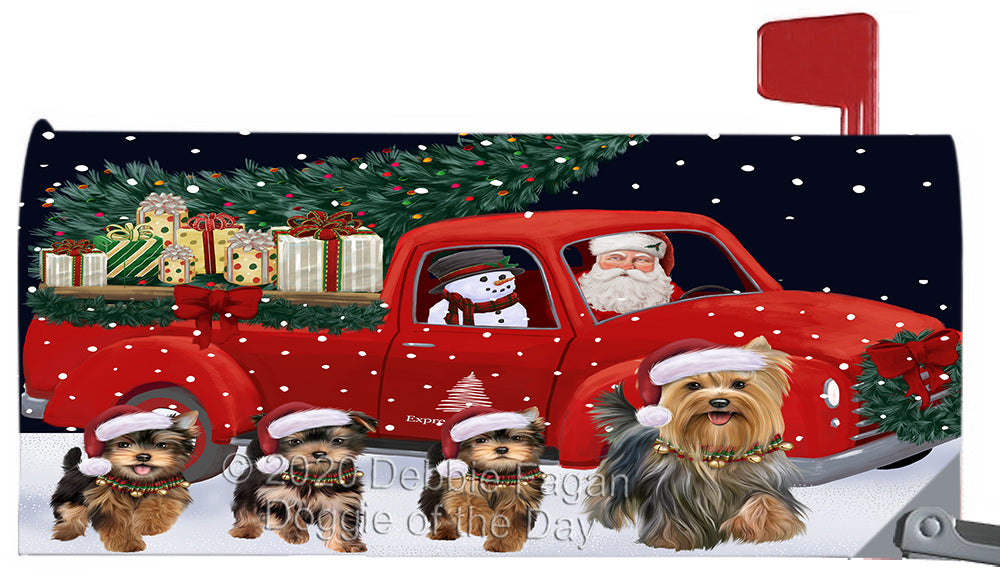 Christmas Express Delivery Red Truck Running Yorkshire Terrier Dog Magnetic Mailbox Cover Both Sides Pet Theme Printed Decorative Letter Box Wrap Case Postbox Thick Magnetic Vinyl Material