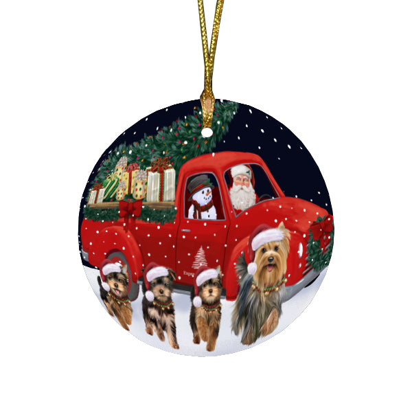 Christmas Express Delivery Red Truck Running Yorkshire Terrier Dogs Round Flat Christmas Ornament RFPOR57790