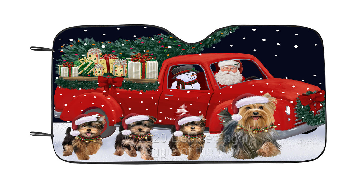 Christmas Express Delivery Red Truck Running Yorkshire Terrier Dog Car Sun Shade Cover Curtain