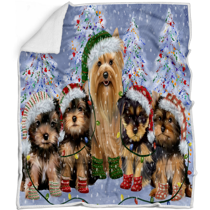 Christmas Lights and Yorkshire Terrier Dogs Blanket - Lightweight Soft Cozy and Durable Bed Blanket - Animal Theme Fuzzy Blanket for Sofa Couch