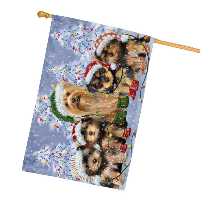 Christmas Lights and Yorkshire Terrier Dogs House Flag Outdoor Decorative Double Sided Pet Portrait Weather Resistant Premium Quality Animal Printed Home Decorative Flags 100% Polyester