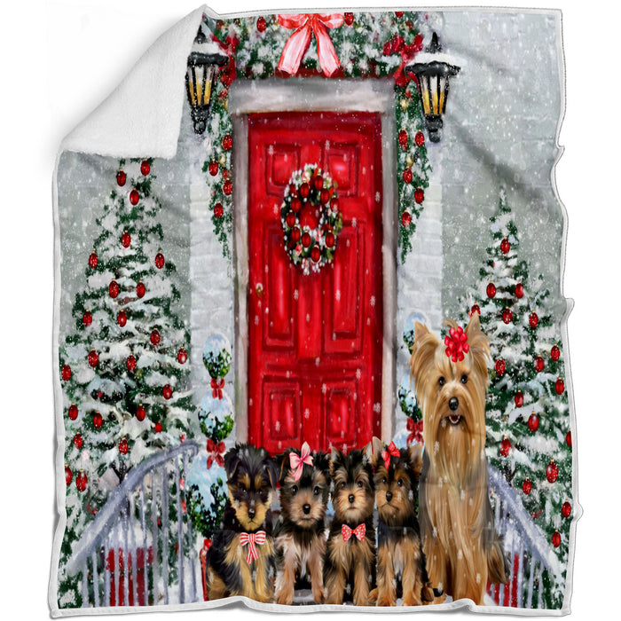 Christmas Holiday Welcome Yorkshire Terrier Dogs Blanket - Lightweight Soft Cozy and Durable Bed Blanket - Animal Theme Fuzzy Blanket for Sofa Couch