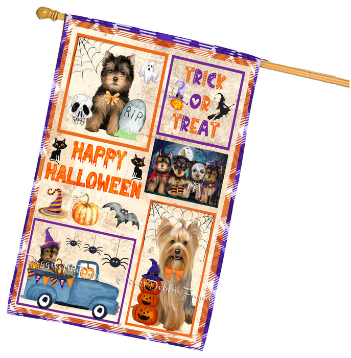 Happy Halloween Trick or Treat Yorkshire Terrier Dogs House Flag Outdoor Decorative Double Sided Pet Portrait Weather Resistant Premium Quality Animal Printed Home Decorative Flags 100% Polyester