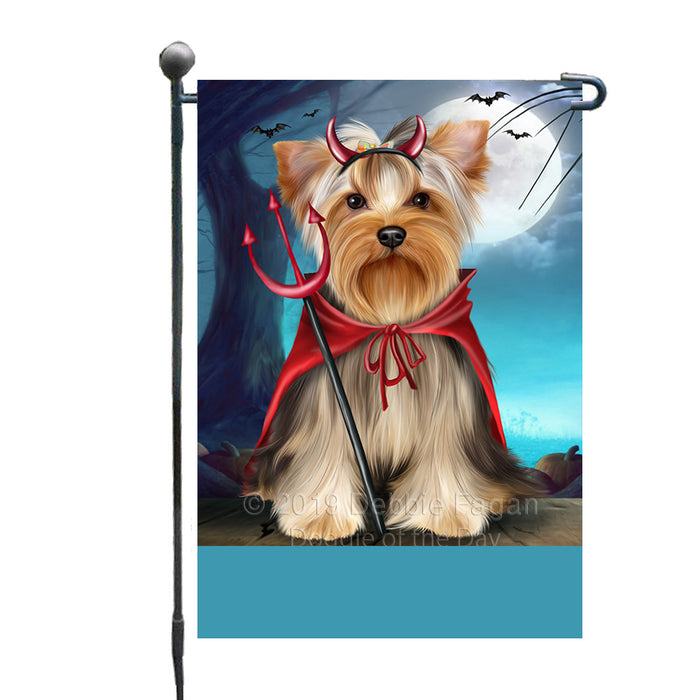 Personalized Happy Halloween Trick or Treat Yorkshire Dog Devil Custom Garden Flag GFLG64497