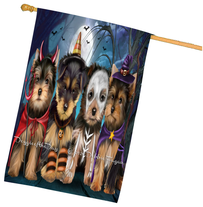 Halloween Trick or Treat Yorkshire Terrier Dogs House Flag Outdoor Decorative Double Sided Pet Portrait Weather Resistant Premium Quality Animal Printed Home Decorative Flags 100% Polyester