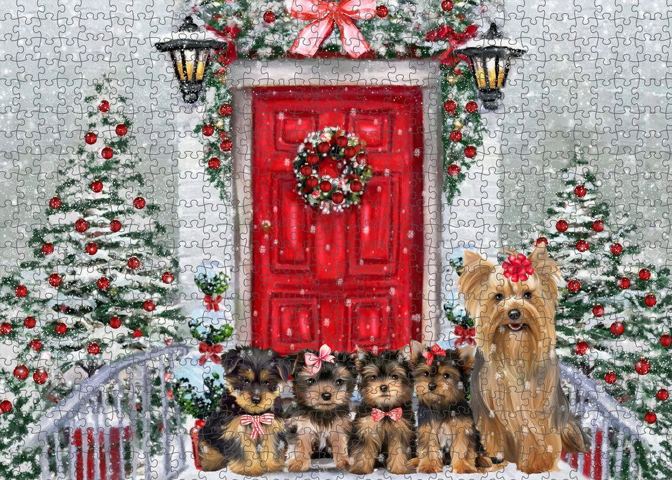 Christmas Holiday Welcome Yorkshire Terrier Dogs Portrait Jigsaw Puzzle for Adults Animal Interlocking Puzzle Game Unique Gift for Dog Lover's with Metal Tin Box