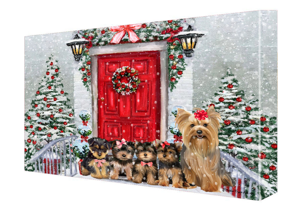 Christmas Holiday Welcome Yorkshire Terrier Dogs Canvas Wall Art - Premium Quality Ready to Hang Room Decor Wall Art Canvas - Unique Animal Printed Digital Painting for Decoration