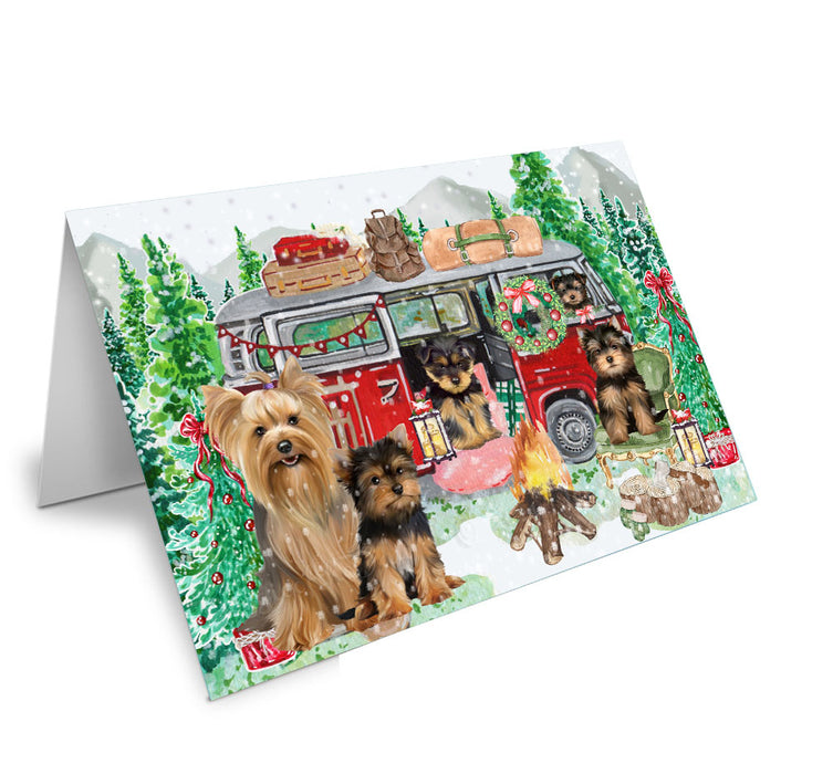 Christmas Time Camping with Yorkshire Terrier Dogs Handmade Artwork Assorted Pets Greeting Cards and Note Cards with Envelopes for All Occasions and Holiday Seasons