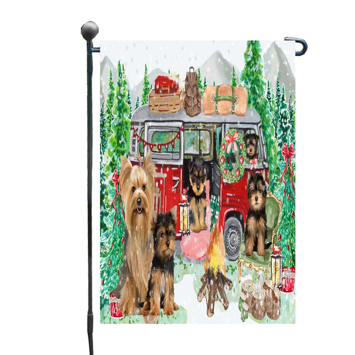 Christmas Time Camping with Yorkshire Terrier Dogs Garden Flags- Outdoor Double Sided Garden Yard Porch Lawn Spring Decorative Vertical Home Flags 12 1/2"w x 18"h