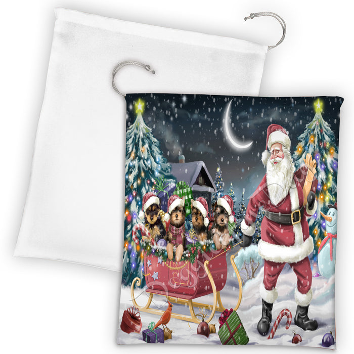Santa Sled Dogs Christmas Happy Holidays Yorkshire Terrier Dogs Drawstring Laundry or Gift Bag LGB48757